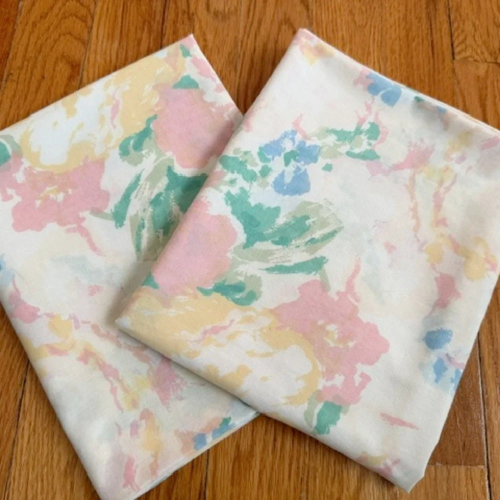 Vintage pair of pillowcases pink blue yellow floral pillowcases, Fieldcrest